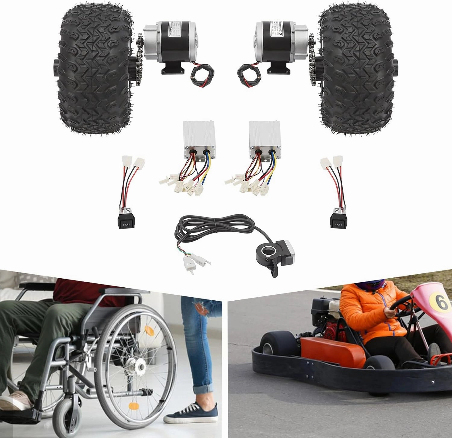 10 Inch Motor Drive Air Wheel Conversion Kit Electric Scooter Air Wheels Conversion Kit Double Wheel Set for Go-Karts Beach Scooter Trolley Cart and Wheelchair (Thumb Throttle, 36V 350W)