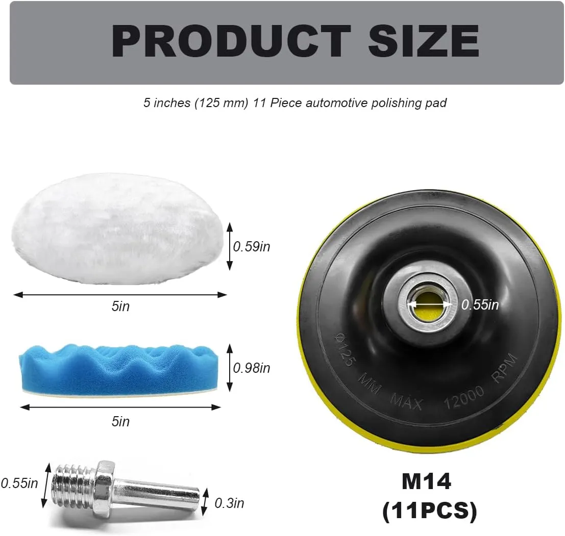 11PCS Car Foam Polishing Pads Kit, 5 Inch Hook and Loop Polishing Pads with M14 Drill Adapter, Sponge Pad Wool Buffing Pad Drill Polishing Kit for Car Detailing Waxing