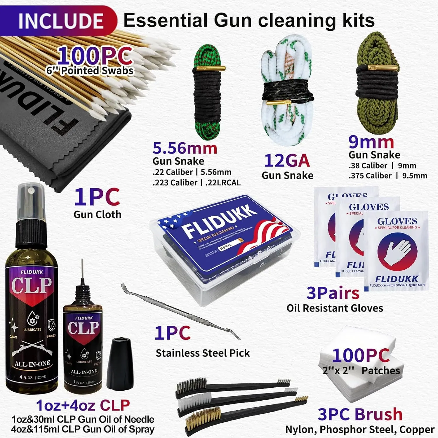 12Ga /9mm / 5.56mm Bore Cleaner  5oz CLP Oil(Needle Spray) Gun Cleaning Kits,Gun Cleaning Supplies with Gun Snake,Gun Cleaning Patches,6-inch Swabs,Gun Brushes,Metal Picks,Gun Cloth,Glove,Box
