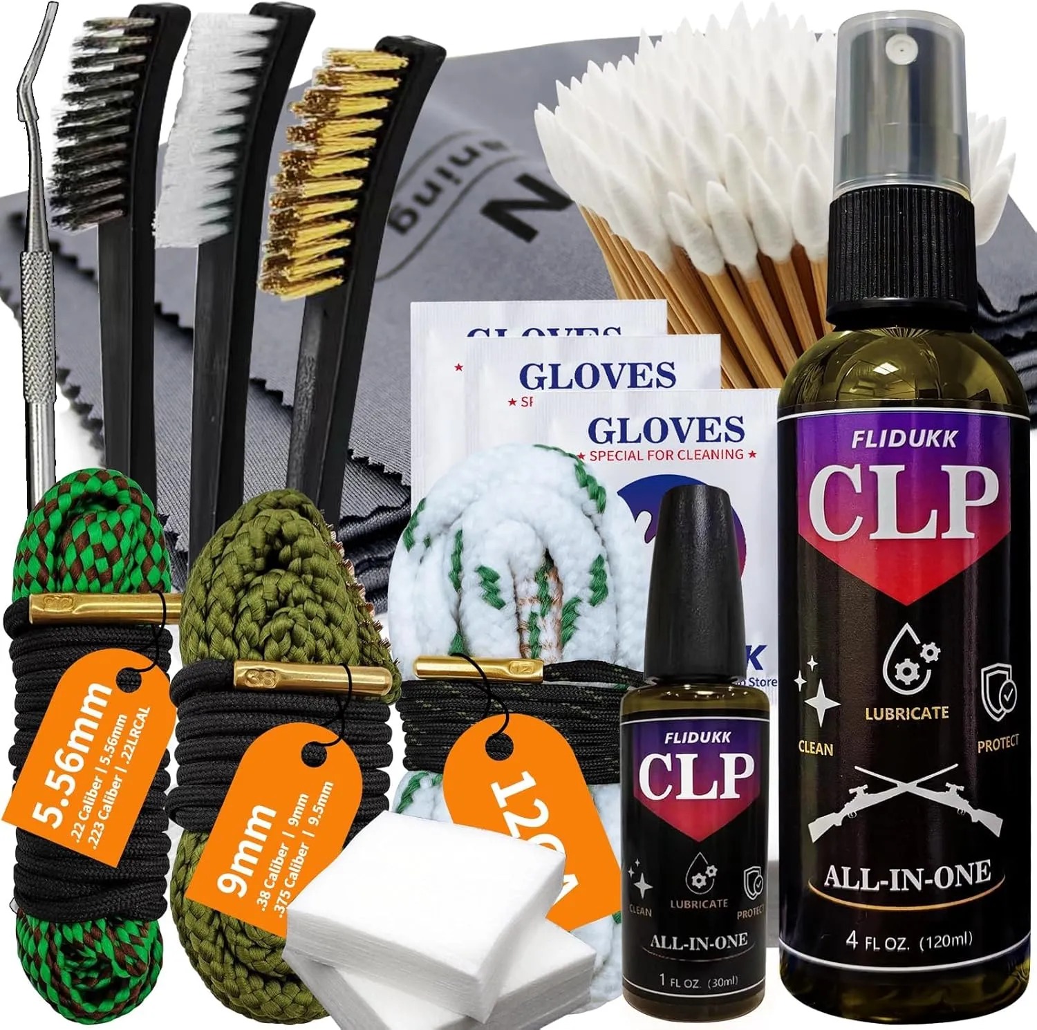 12Ga /9mm / 5.56mm Bore Cleaner  5oz CLP Oil(Needle Spray) Gun Cleaning Kits,Gun Cleaning Supplies with Gun Snake,Gun Cleaning Patches,6-inch Swabs,Gun Brushes,Metal Picks,Gun Cloth,Glove,Box