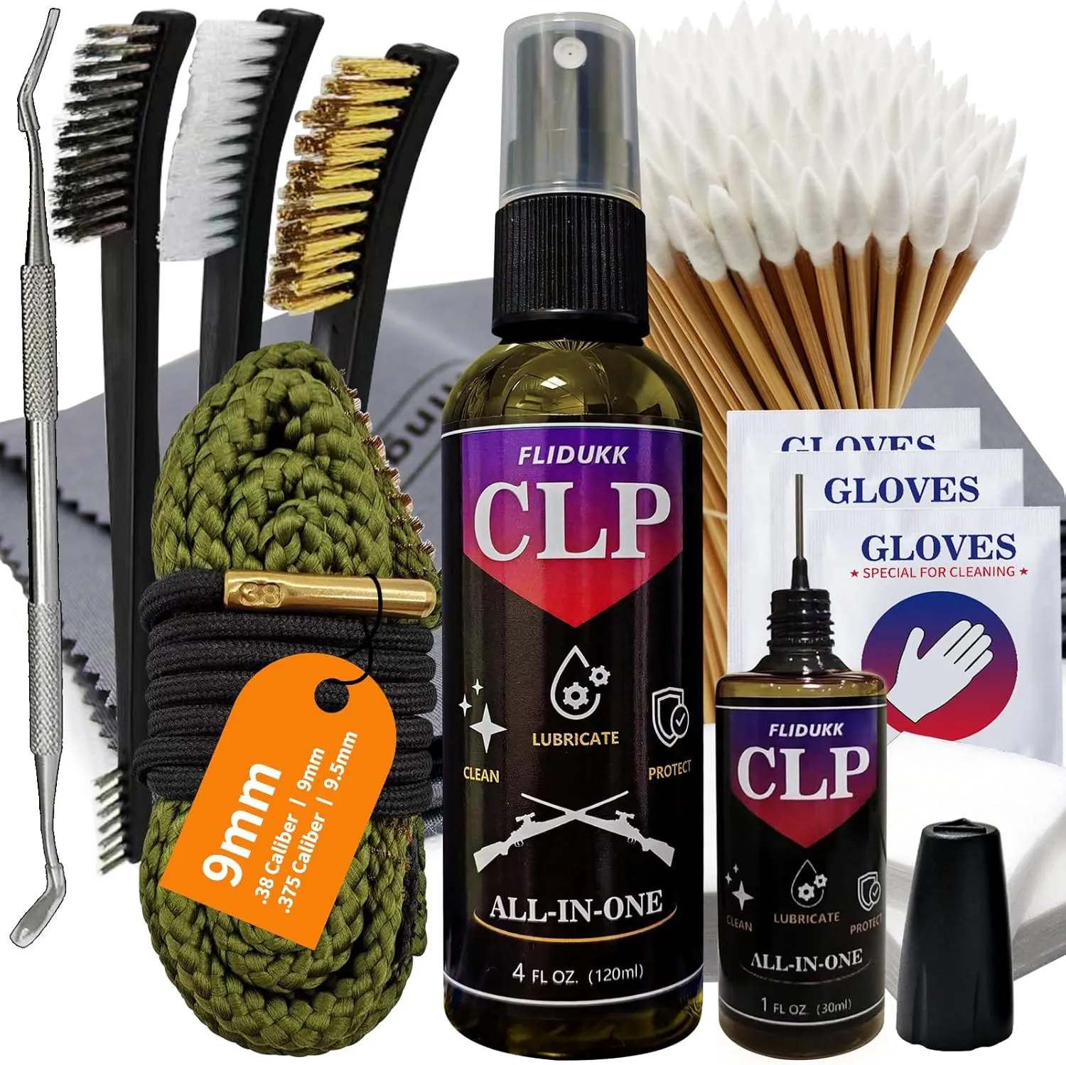 12Ga /9mm / 5.56mm Bore Cleaner  5oz CLP Oil(Needle Spray) Gun Cleaning Kits,Gun Cleaning Supplies with Gun Snake,Gun Cleaning Patches,6-inch Swabs,Gun Brushes,Metal Picks,Gun Cloth,Glove,Box