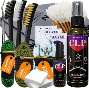 12Ga /9mm / 5.56mm Bore Cleaner  5oz CLP Oil(Needle Spray) Gun Cleaning Kits,Gun Cleaning Supplies with Gun Snake,Gun Cleaning Patches,6-inch Swabs,Gun Brushes,Metal Picks,Gun Cloth,Glove,Box