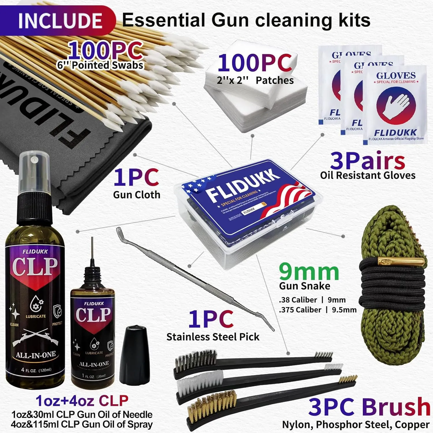 12Ga /9mm / 5.56mm Bore Cleaner  5oz CLP Oil(Needle Spray) Gun Cleaning Kits,Gun Cleaning Supplies with Gun Snake,Gun Cleaning Patches,6-inch Swabs,Gun Brushes,Metal Picks,Gun Cloth,Glove,Box