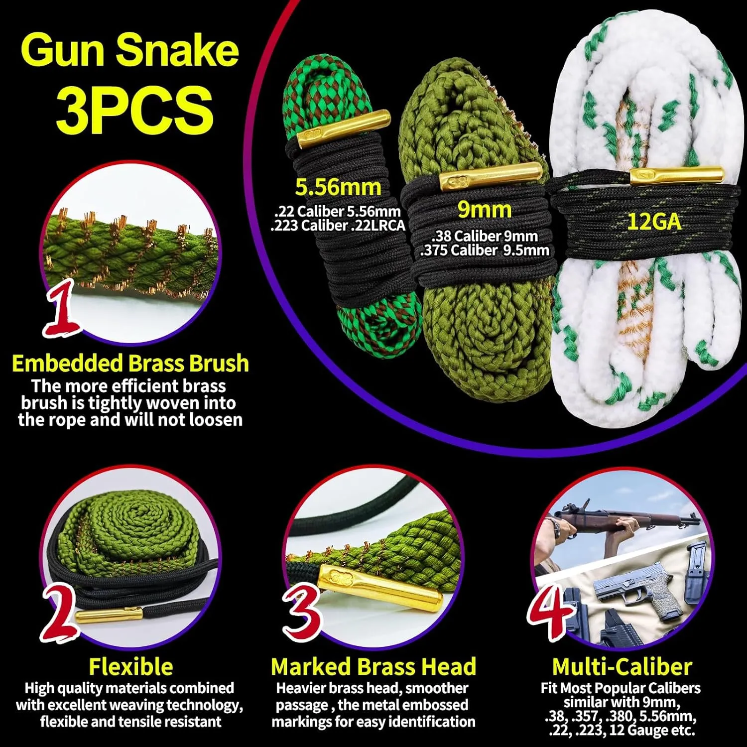 12Ga /9mm / 5.56mm Bore Cleaner  5oz CLP Oil(Needle Spray) Gun Cleaning Kits,Gun Cleaning Supplies with Gun Snake,Gun Cleaning Patches,6-inch Swabs,Gun Brushes,Metal Picks,Gun Cloth,Glove,Box