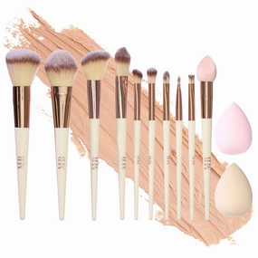 12pc Flawless Makeup Brush Collection in Vanilla Rose Gold - Beautiful Makeup Brush Set w/Glitter Handles, Dense Bristles | Premium Cosmetic Brushes for Contouring and Highlighting