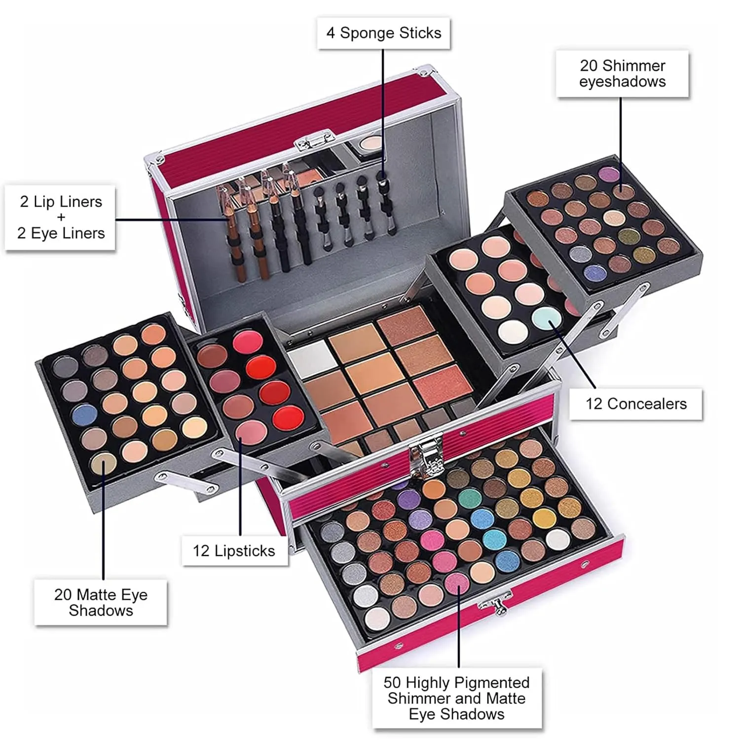 132 Color All In One Makeup Kit for Women & Girls, Professional Full Set Including Eyeshadow, Lipstick, Concealer, Lip Gloss, Eyeliner, Mascara, Makeup Brushes (006N1-Pink)