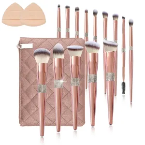 14-Piece Makeup Brush Set,Ultra-Soft Vegan Bristles for Foundation, Powder,Blending,Contour & Eyeshadow,with Rhinestone Handles, Travel Pouch,Dual Brow Brush & 2 Sponges,for Beginners & Pros