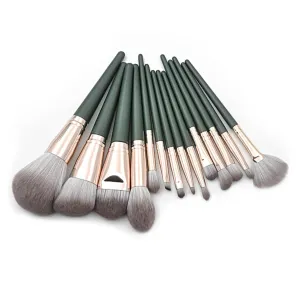 14pcs Makeup Brush Set Wooden Handle Blackish Green Cosmetic Brushes for Foundation Blush Eyeshadow and Contour for Daily and Special Occasions