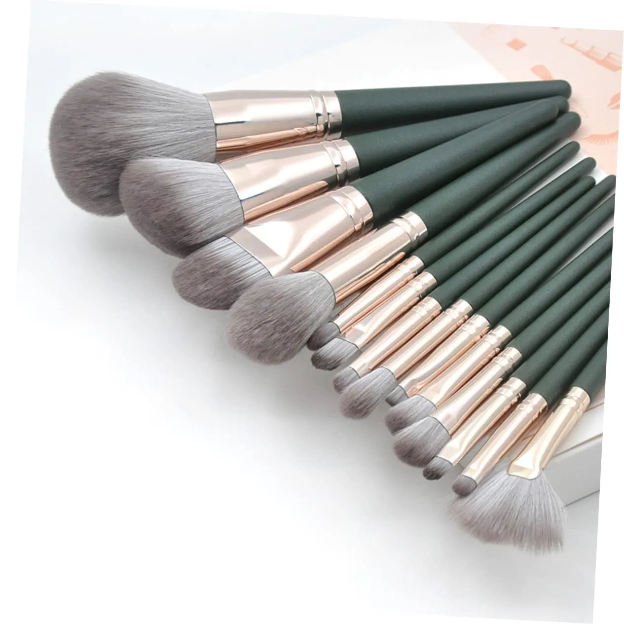 14pcs Makeup Brush Set Wooden Handle Blackish Green Cosmetic Brushes for Foundation Blush Eyeshadow and Contour for Daily and Special Occasions