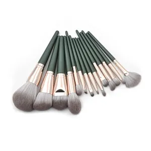 14pcs Professional Makeup Brush Set Blackish Green Wooden Handle Cosmetic Brushes for Foundation Contour and Eyeshadow for Daily and