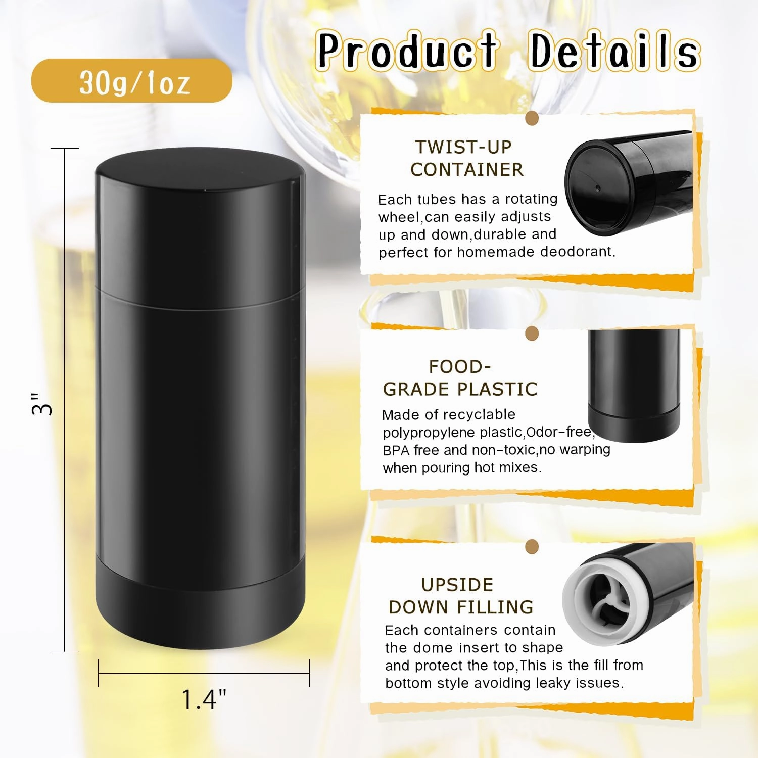 15 Pack 1 oz/30ml Plastic Travel Size Deodorant Container,Empty Round Twist-Up Stick Tube for Homemade Deodorant,Solid Lotion Bars,Body Balm,Soap Sticks,Sunscreen-UPSIDE DOWN FILLING (Black)