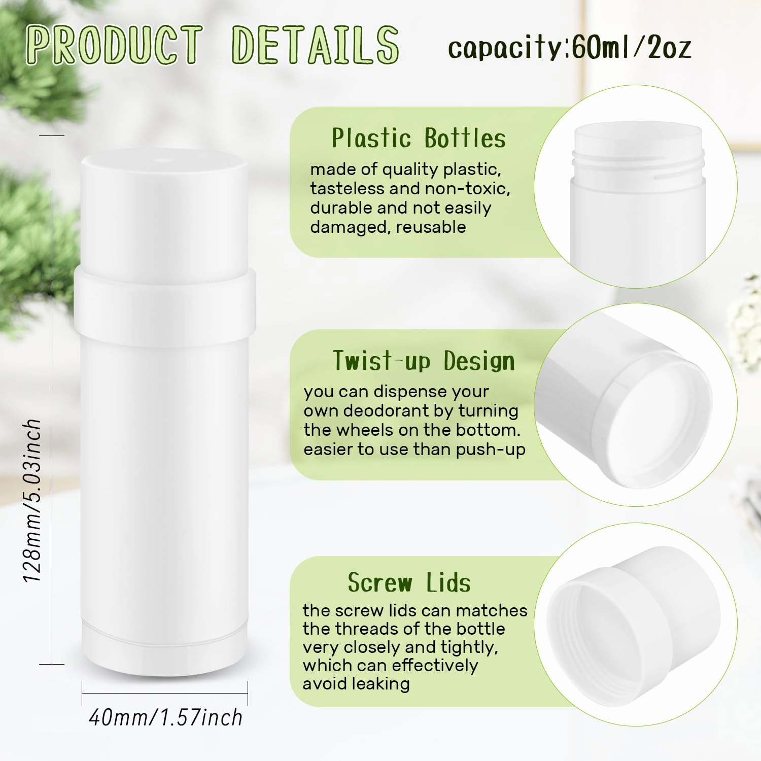15 Pcs Plastic Empty Deodorant Containers Twist-up DIY Deodorant Tubes Top Filling Refillable Lip Balm Tubes For Deodorant Lip Balm Lotion Sticks etc (white, 60ml/2oz)