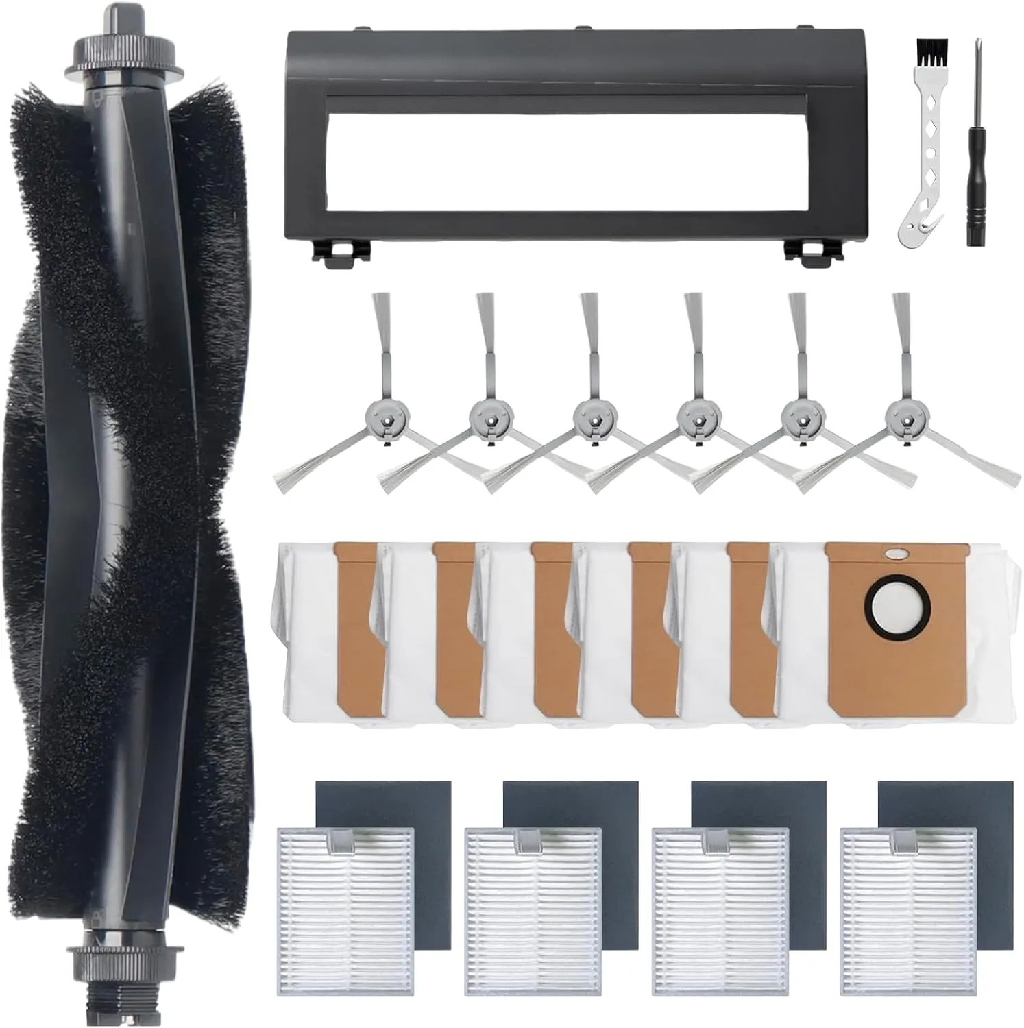 18 Pack Replacement Parts for eufy L50, L60 Robot Vacuum Series Robot Vacuums Accessories Kit, 1 Roller Brush, 4 Pack Filters and Sponges, 6 Side Brushes, 6 Duct Bags and 1 Rollin Brush Guard