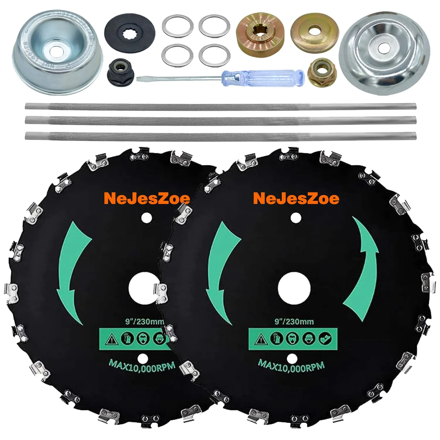 2-Set 9” x 20T Chainsaw Tooth Brush Cutter Blades Weed Trimmer Eater Blade with Universal Adapter Kits, 3 Assorted Round Files, 4 Washers for Brush Cutters, String Trimmers, and Weed Wreckers
