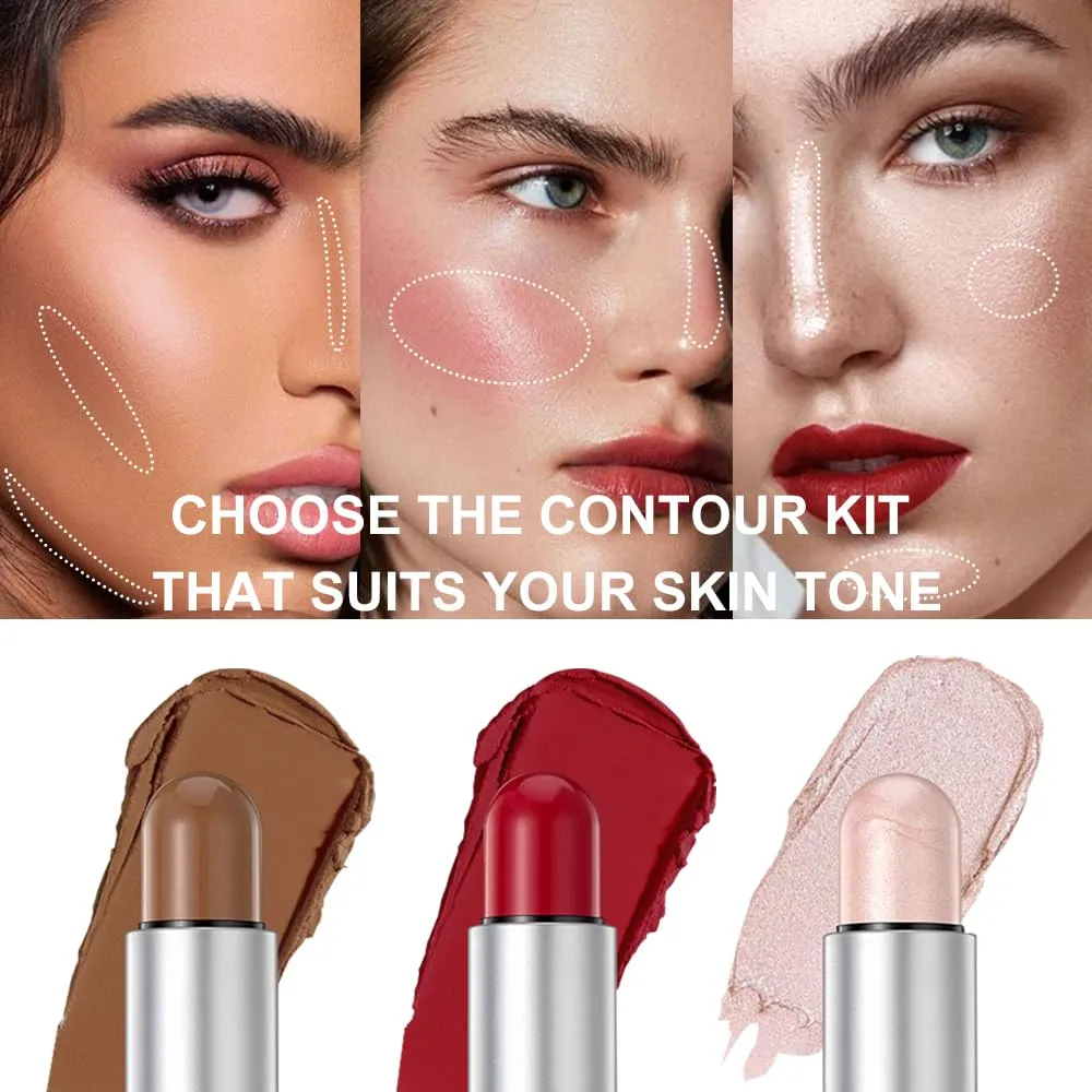 3-Pack Face Stick Set - Contour, Highlighter, and Blush Sticks, Creamy Texture, Beginner-Friendly, Natural Finish - for Cheeks and Lips