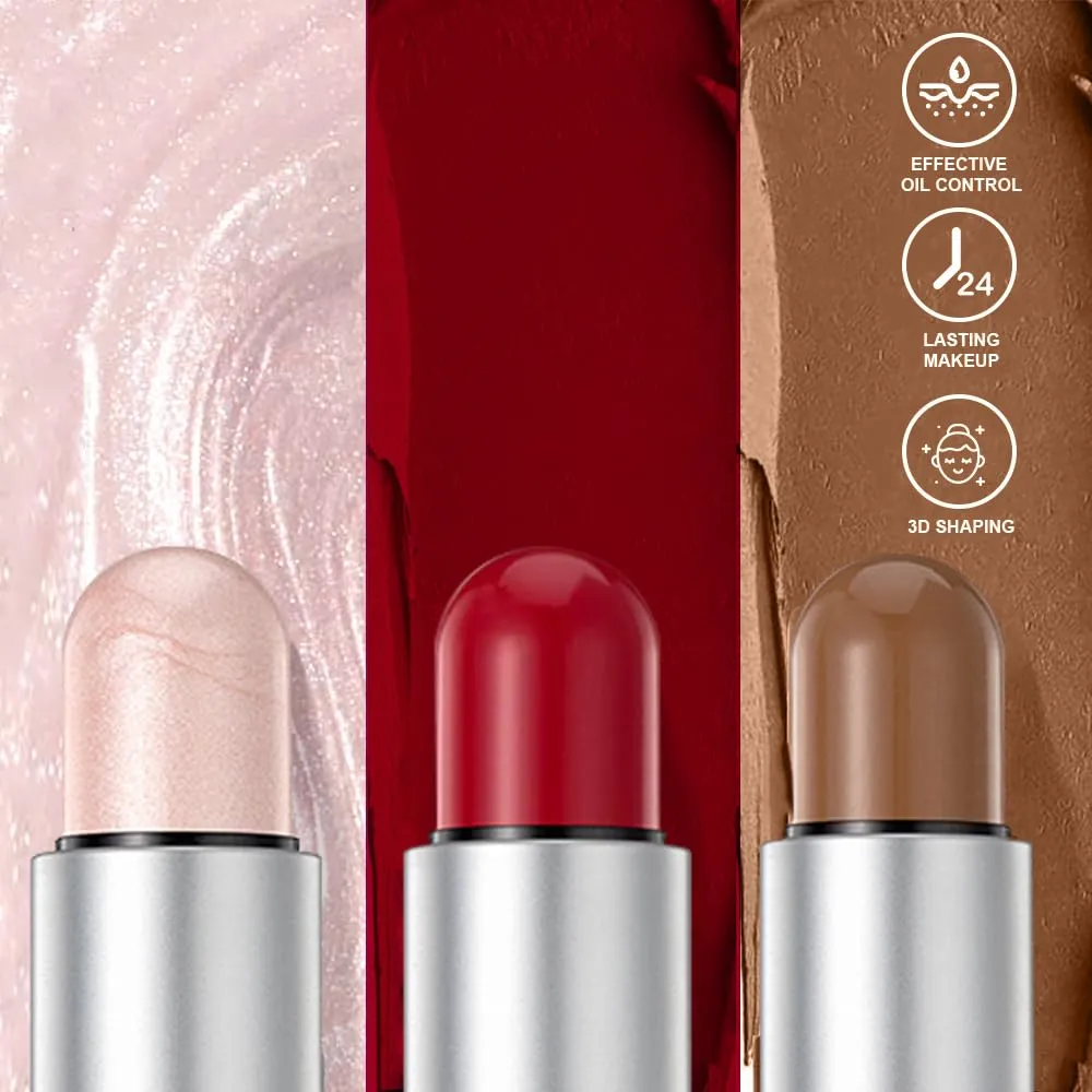 3-Pack Face Stick Set - Contour, Highlighter, and Blush Sticks, Creamy Texture, Beginner-Friendly, Natural Finish - for Cheeks and Lips