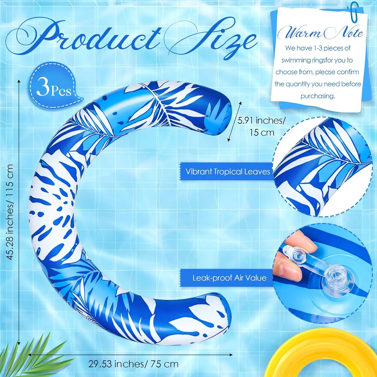 3 Pack Jumbo Inflatable Pool Noodles Blue Curved Swimming Float for Adult 45 x 30 Inch Hawaiian Tropical Leaves Noodle Float Sticks Summer Beach Party Vacation Pool Sea Beach Lake