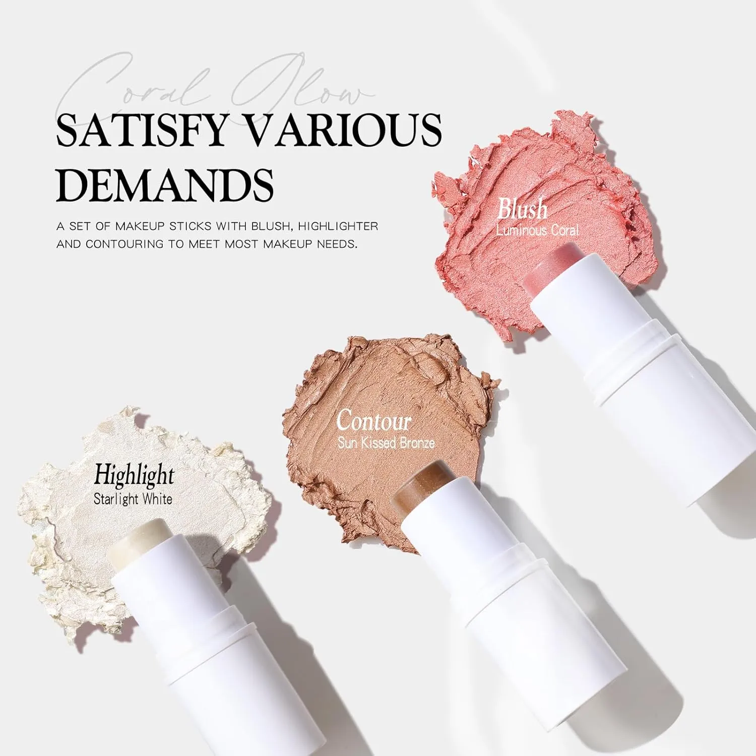3 PCS Makeup Cream Contour Stick Set, Highlighter Stick & Bronzer Stick & Blush Stick, Long Lasting, Natural Face Contour, Dewy & Matte Finish, Multi Stick Trio for All Skin