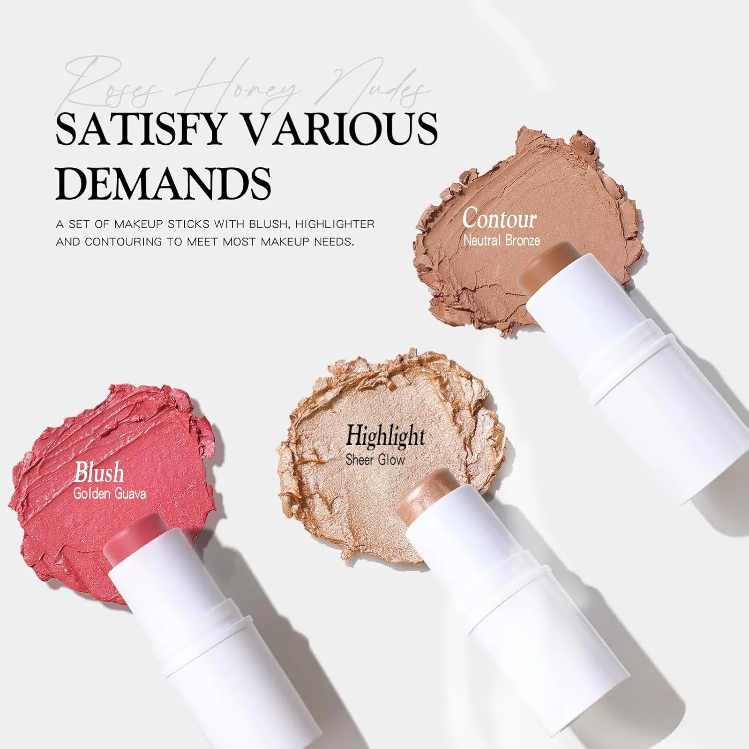 3 PCS Makeup Cream Contour Stick Set, Highlighter Stick & Bronzer Stick & Blush Stick, Long Lasting, Natural Face Contour, Dewy & Matte Finish, Multi Stick Trio for All Skin