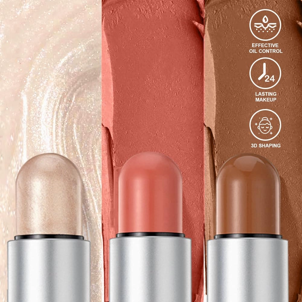3-Pack Face Stick Set - Contour, Highlighter, and Blush Sticks, Creamy Texture, Beginner-Friendly, Natural Finish - for Cheeks and Lips