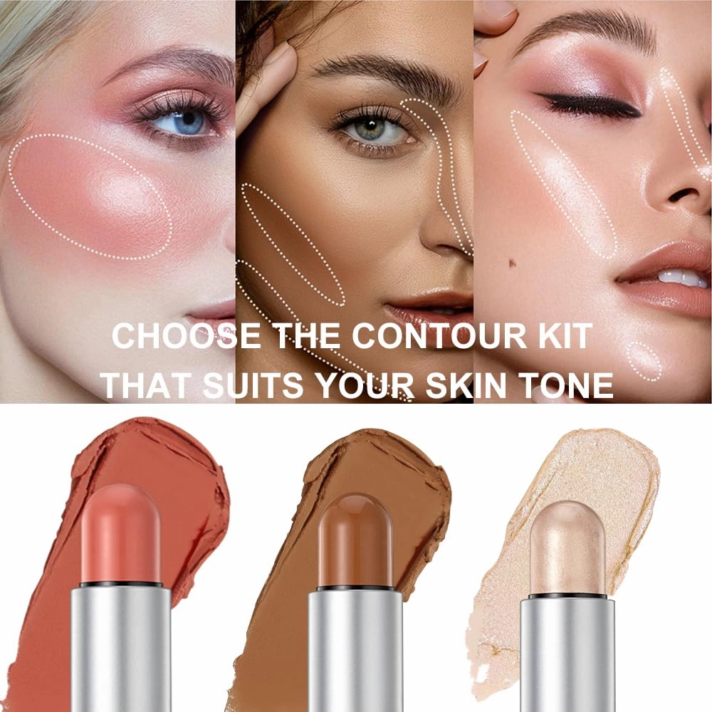 3-Pack Face Stick Set - Contour, Highlighter, and Blush Sticks, Creamy Texture, Beginner-Friendly, Natural Finish - for Cheeks and Lips
