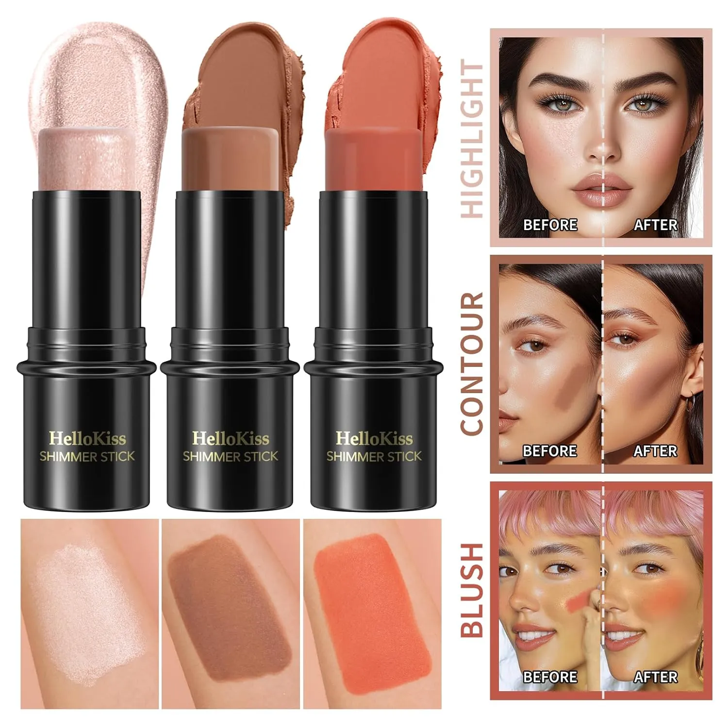 3Pcs Cream Contour Stick Makeup Kit, Shades with Highlighter, Blush and Bronzer Contour Stick for Cheeks, Lips, Eyes, Natural Face Contouring, Long Lasting, Waterproof, Matte Finish (Set A, S)