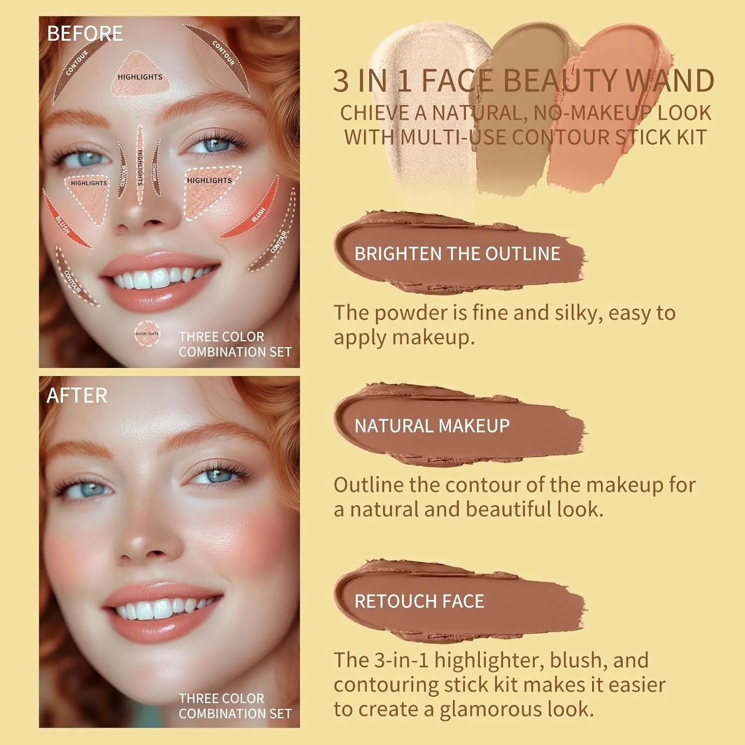 3Pcs Cream Contour Stick Makeup Kit, Shades with Highlighter, Blush and Bronzer Contour Stick for Cheeks, Lips, Eyes, Natural Face Contouring, Long Lasting, Waterproof, Matte Finish (Set A, S)