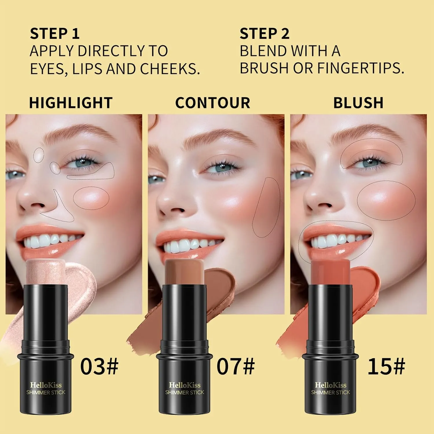 3Pcs Cream Contour Stick Makeup Kit, Shades with Highlighter, Blush and Bronzer Contour Stick for Cheeks, Lips, Eyes, Natural Face Contouring, Long Lasting, Waterproof, Matte Finish (Set A, S)