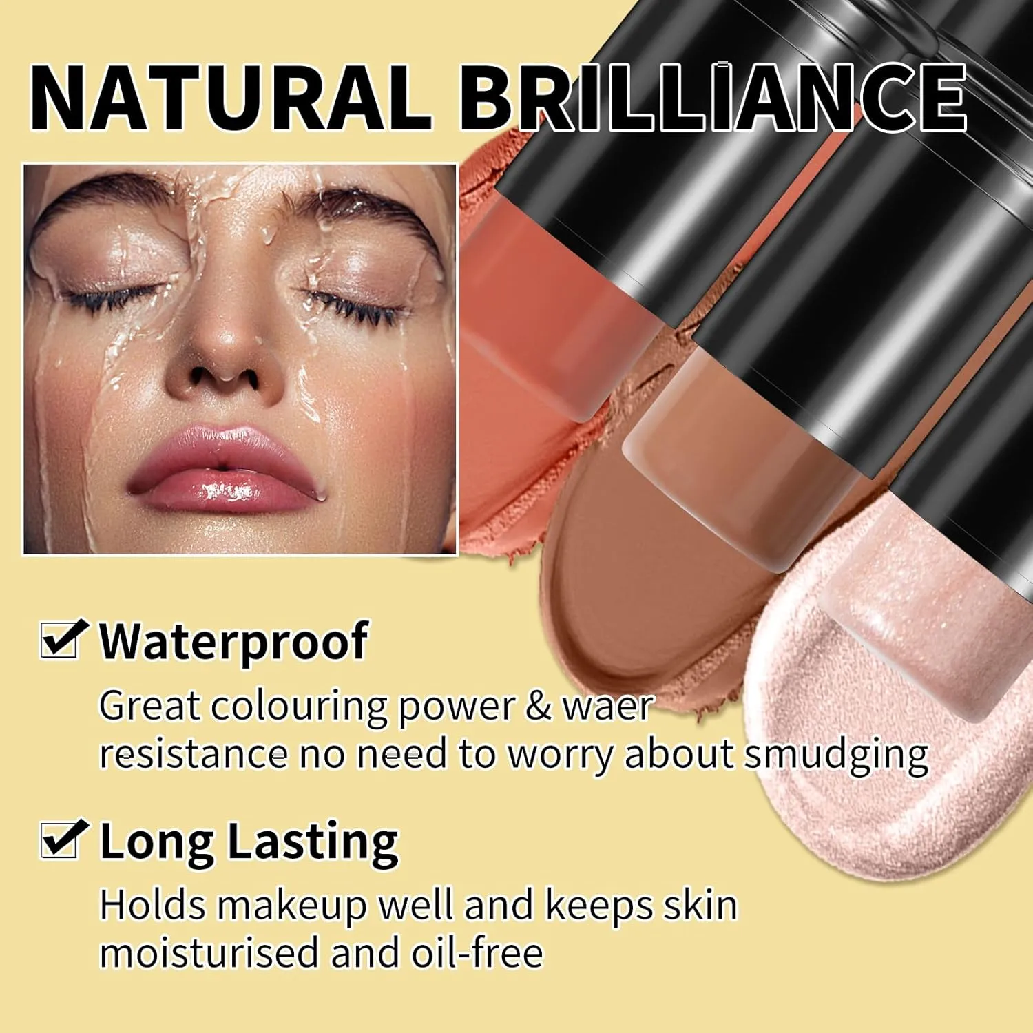3Pcs Cream Contour Stick Makeup Kit, Shades with Highlighter, Blush and Bronzer Contour Stick for Cheeks, Lips, Eyes, Natural Face Contouring, Long Lasting, Waterproof, Matte Finish (Set A, S)