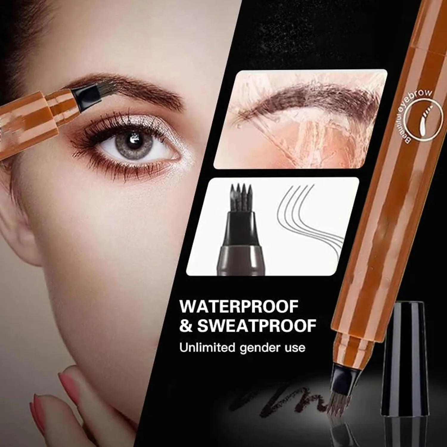 4 Points Multi-used Pen, 4 Points Multi-used Pen Beard, Suertemall Beard Filler, 4 Tip Brow Waterproof, 4 Tip Brow Pen, Long Lasting, Creates Natural Looking (3 Natural black)
