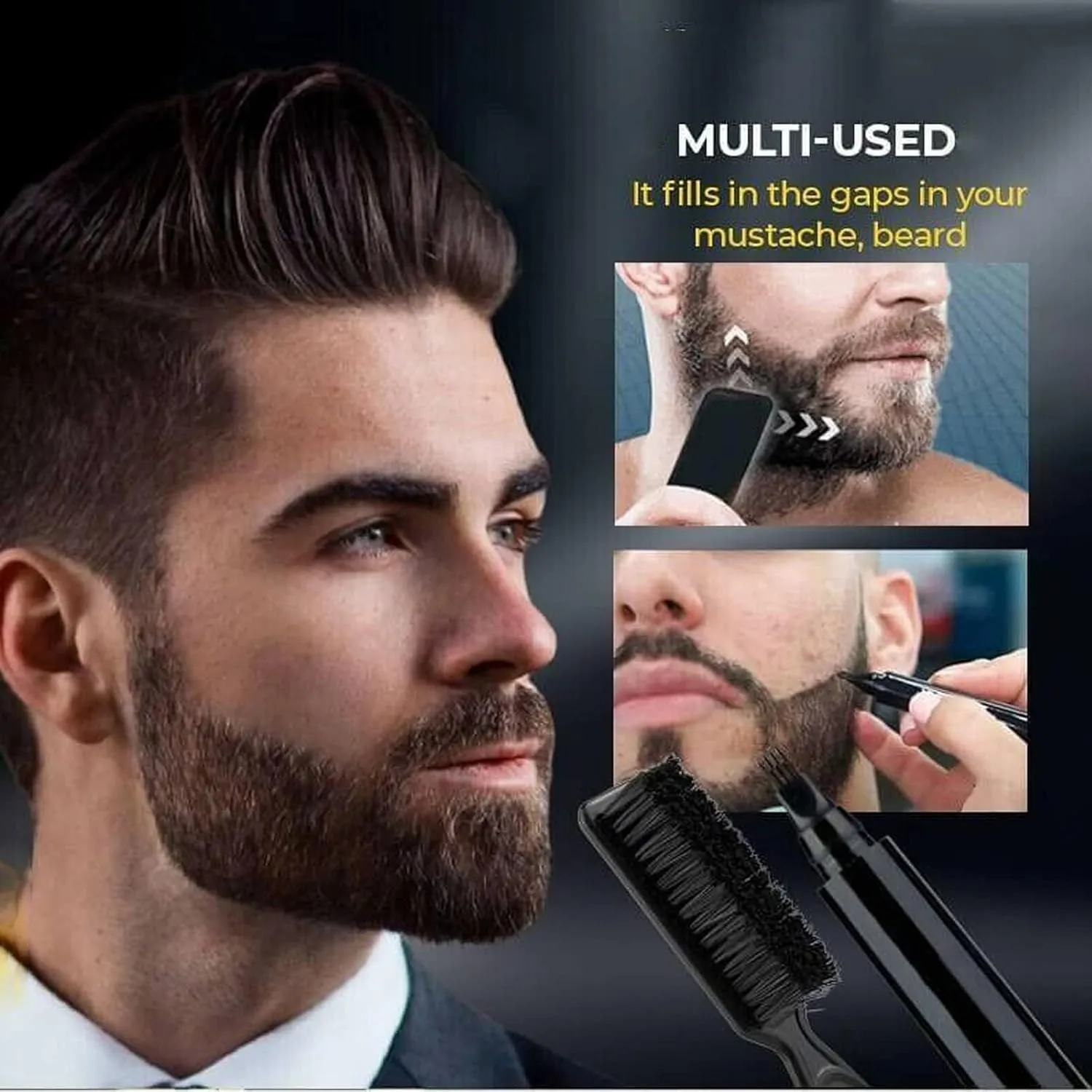 4 Points Multi-used Pen, 4 Points Multi-used Pen Beard, Suertemall Beard Filler, 4 Tip Brow Waterproof, 4 Tip Brow Pen, Long Lasting, Creates Natural Looking (3 Natural black)