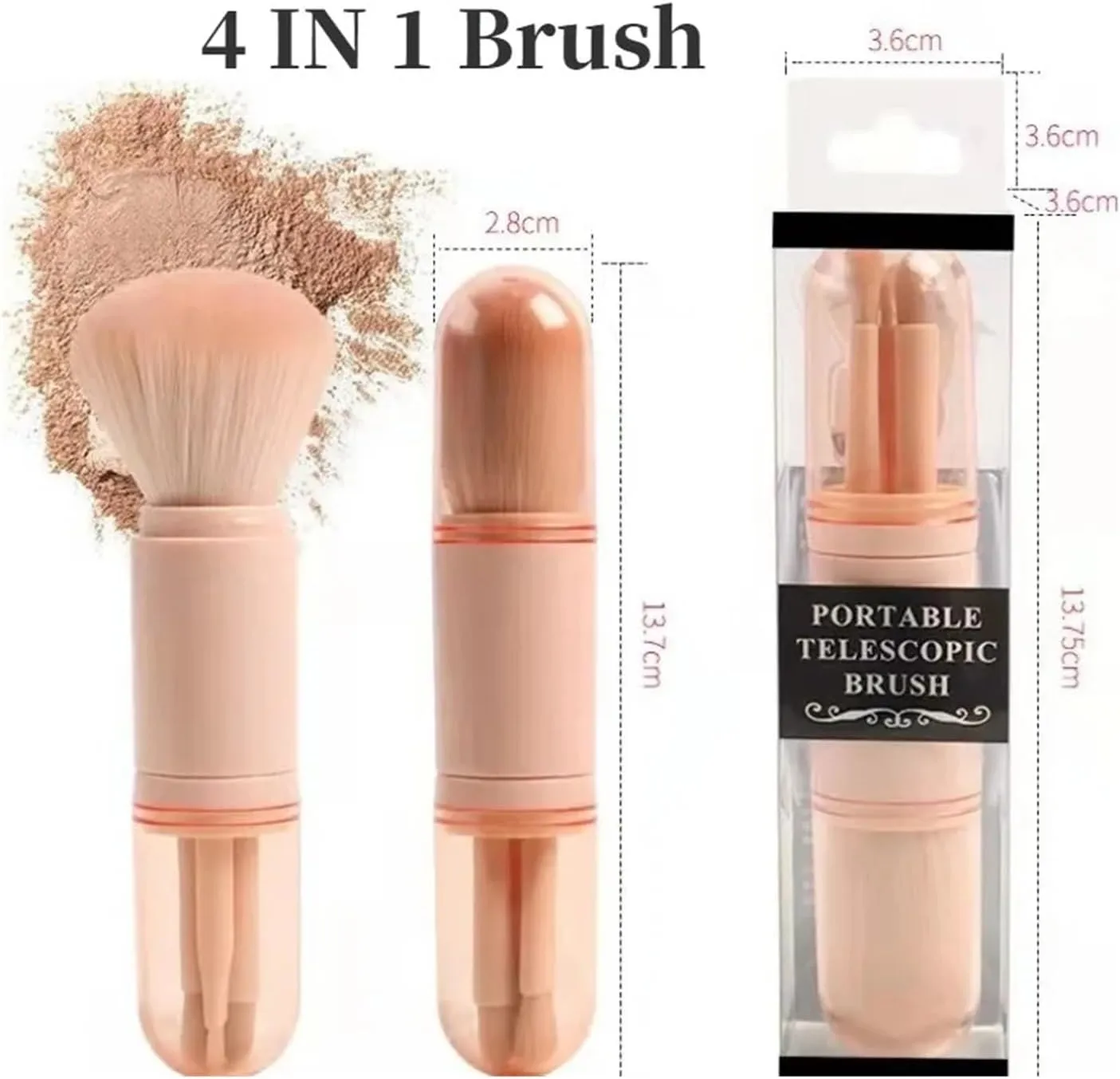 4in1 Travel Makeup Brushes Set Retractable Kabuki Brush and 3 Small Brushes for Eye with Soft Bistles Small Portable for Touchup(Blue)
