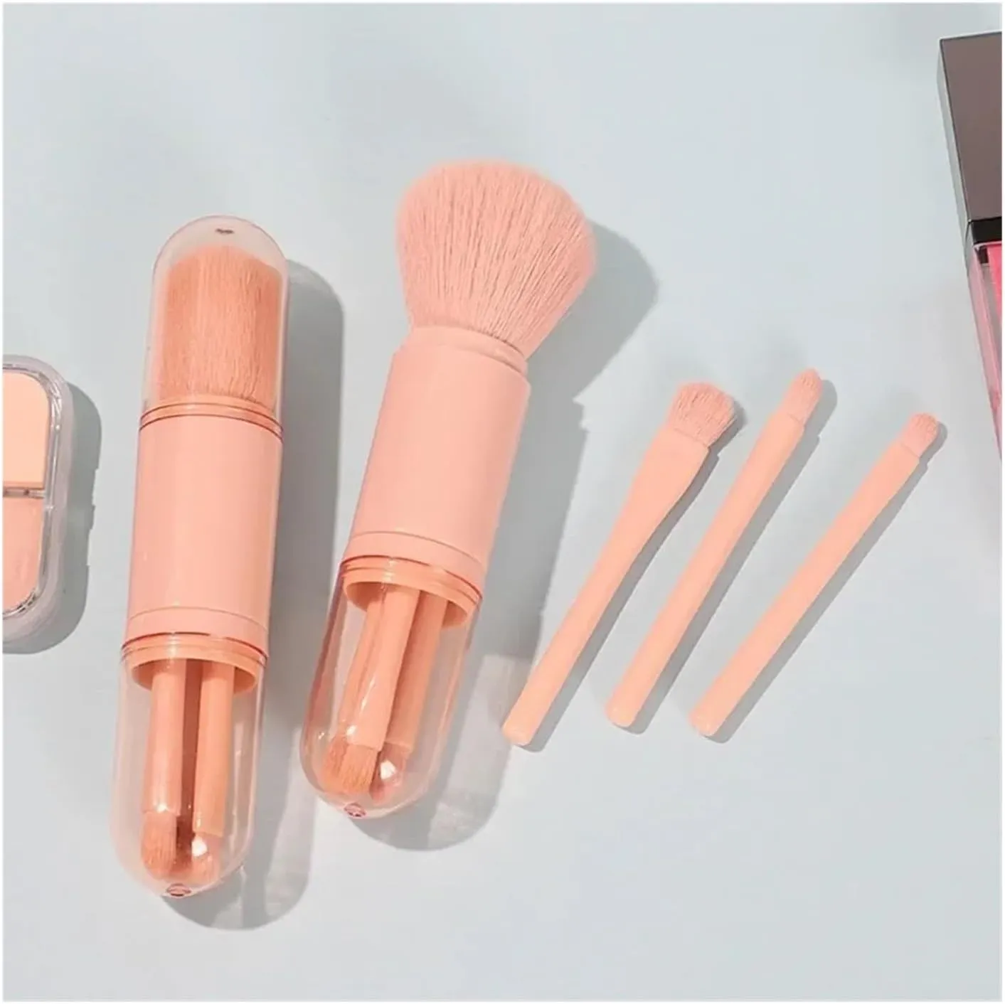 4in1 Travel Makeup Brushes Set Retractable Kabuki Brush and 3 Small Brushes for Eye with Soft Bistles Small Portable for Touchup(Blue)