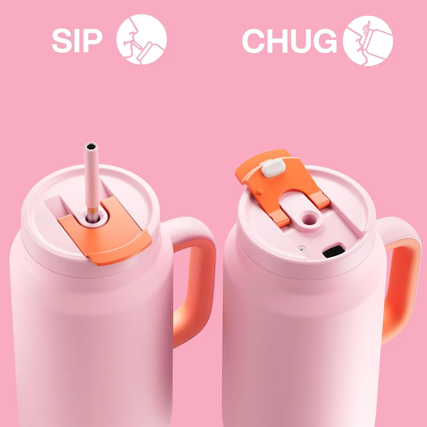 50 oz Tumbler with Handle and Straw, 100% Leak-Proof Insulated Cup Large Water Bottle with 2-in-1 Lid, Reusable Stainless Steel Travel Mug Water Jug, Non-slip Base, BPA-Free （Blush）