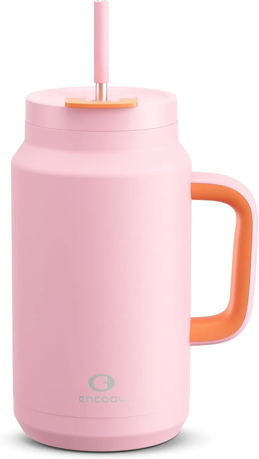 50 oz Tumbler with Handle and Straw, 100% Leak-Proof Insulated Cup Large Water Bottle with 2-in-1 Lid, Reusable Stainless Steel Travel Mug Water Jug, Non-slip Base, BPA-Free （Blush）