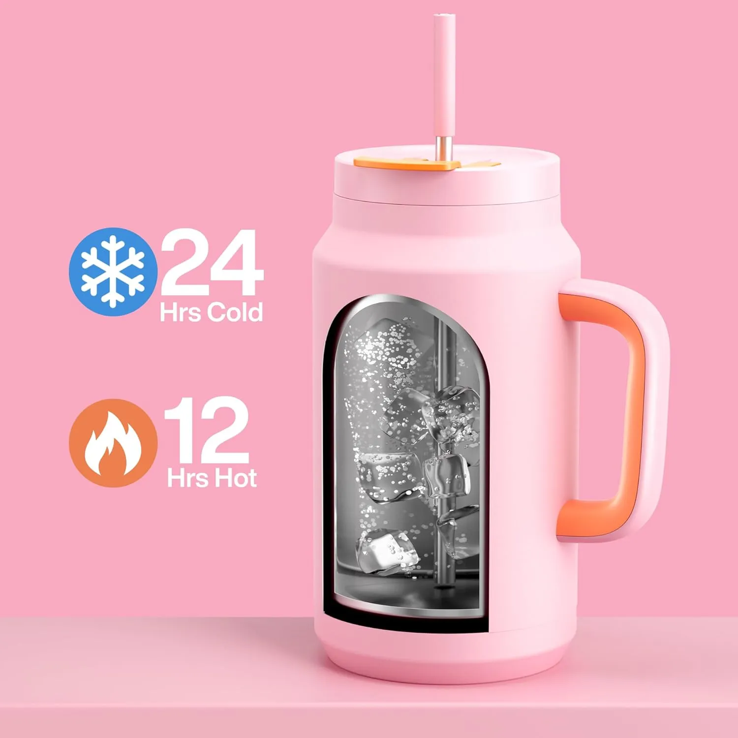 50 oz Tumbler with Handle and Straw, 100% Leak-Proof Insulated Cup Large Water Bottle with 2-in-1 Lid, Reusable Stainless Steel Travel Mug Water Jug, Non-slip Base, BPA-Free （Blush）