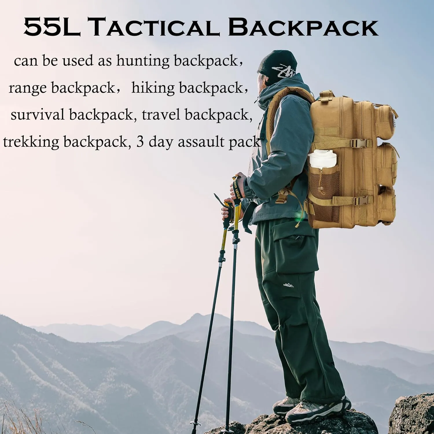 55L Tactical Backpack Heavy Duty Military Rucksack Molle Backpack 3 Day Assault Pack for Work Outdoors