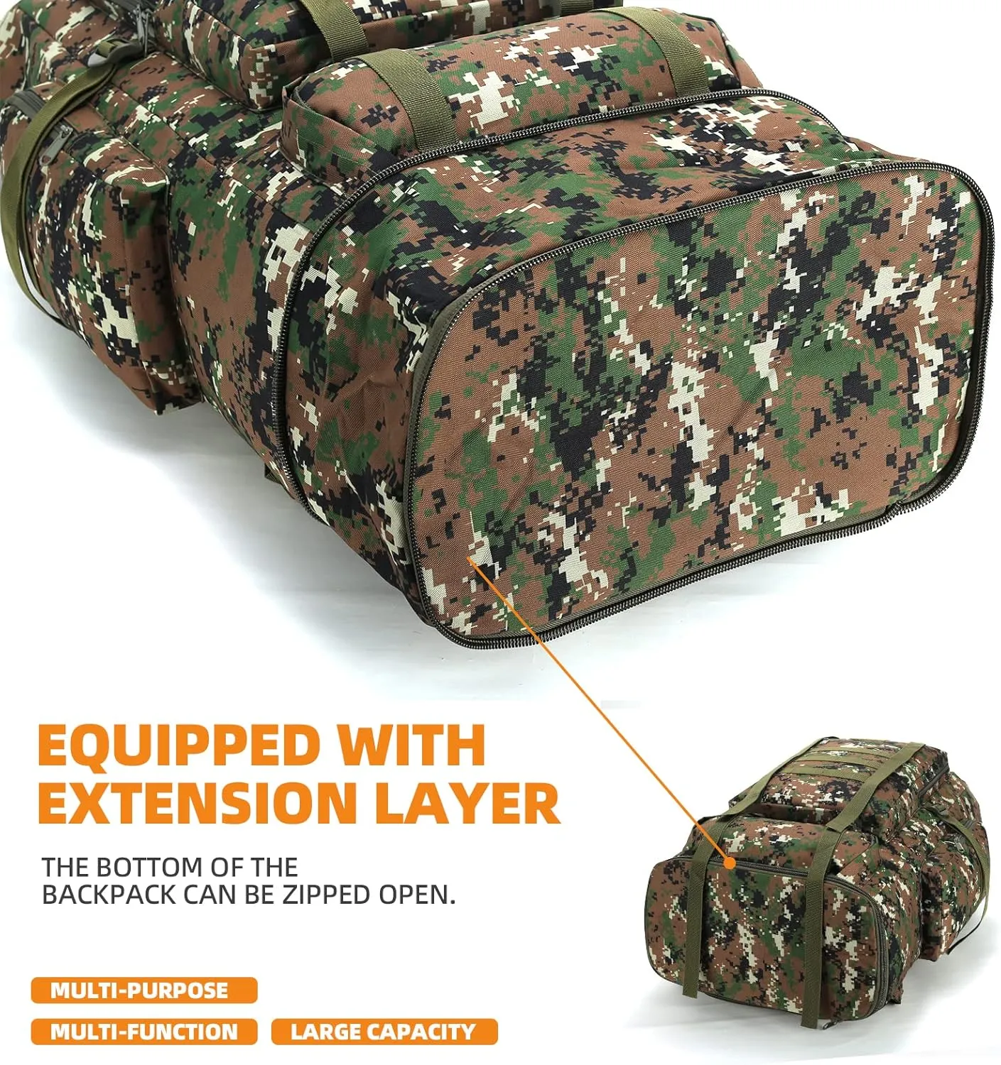 70L/100L Hiking Camping Backpack MOLLE Rucksack Waterproof Daypack for Traveling (Woodland Camo)