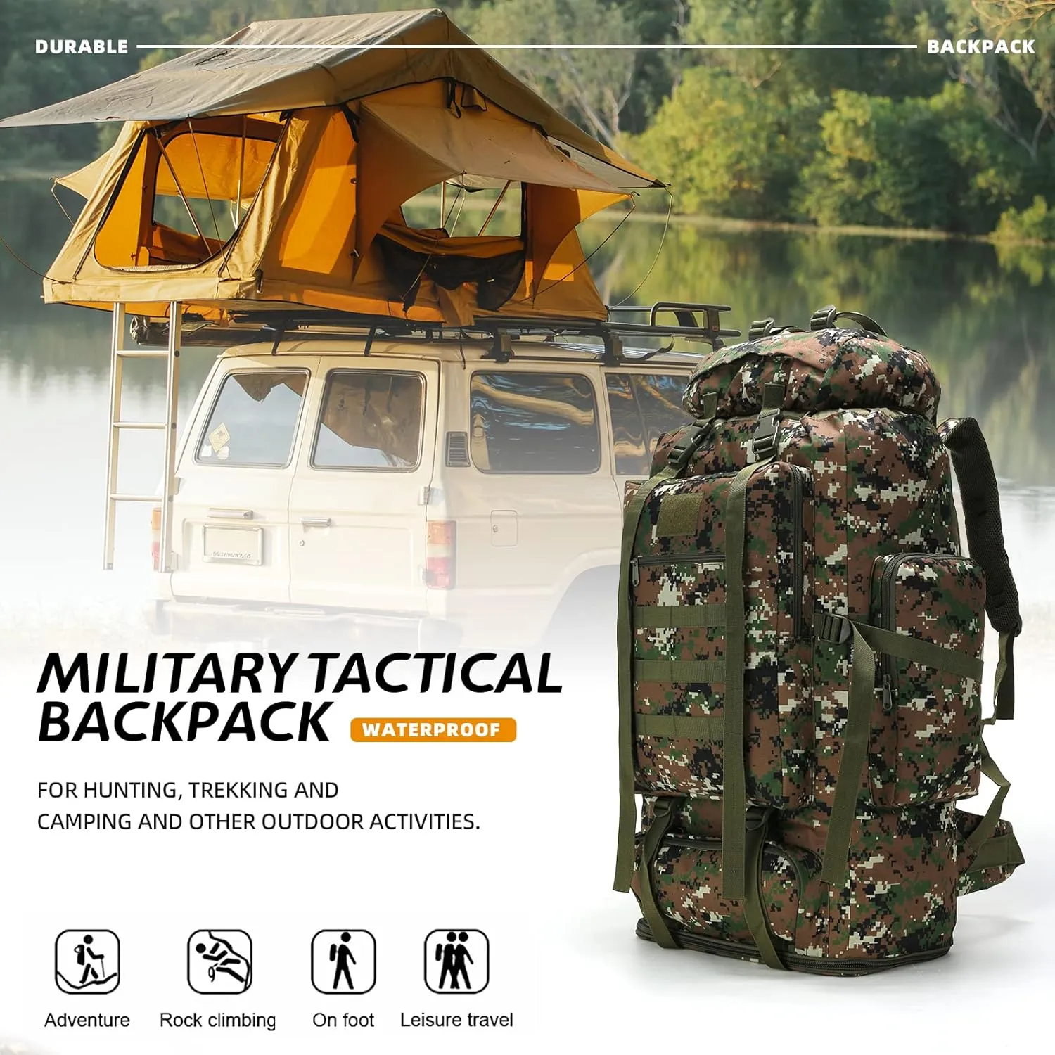 70L/100L Hiking Camping Backpack MOLLE Rucksack Waterproof Daypack for Traveling (Woodland Camo)