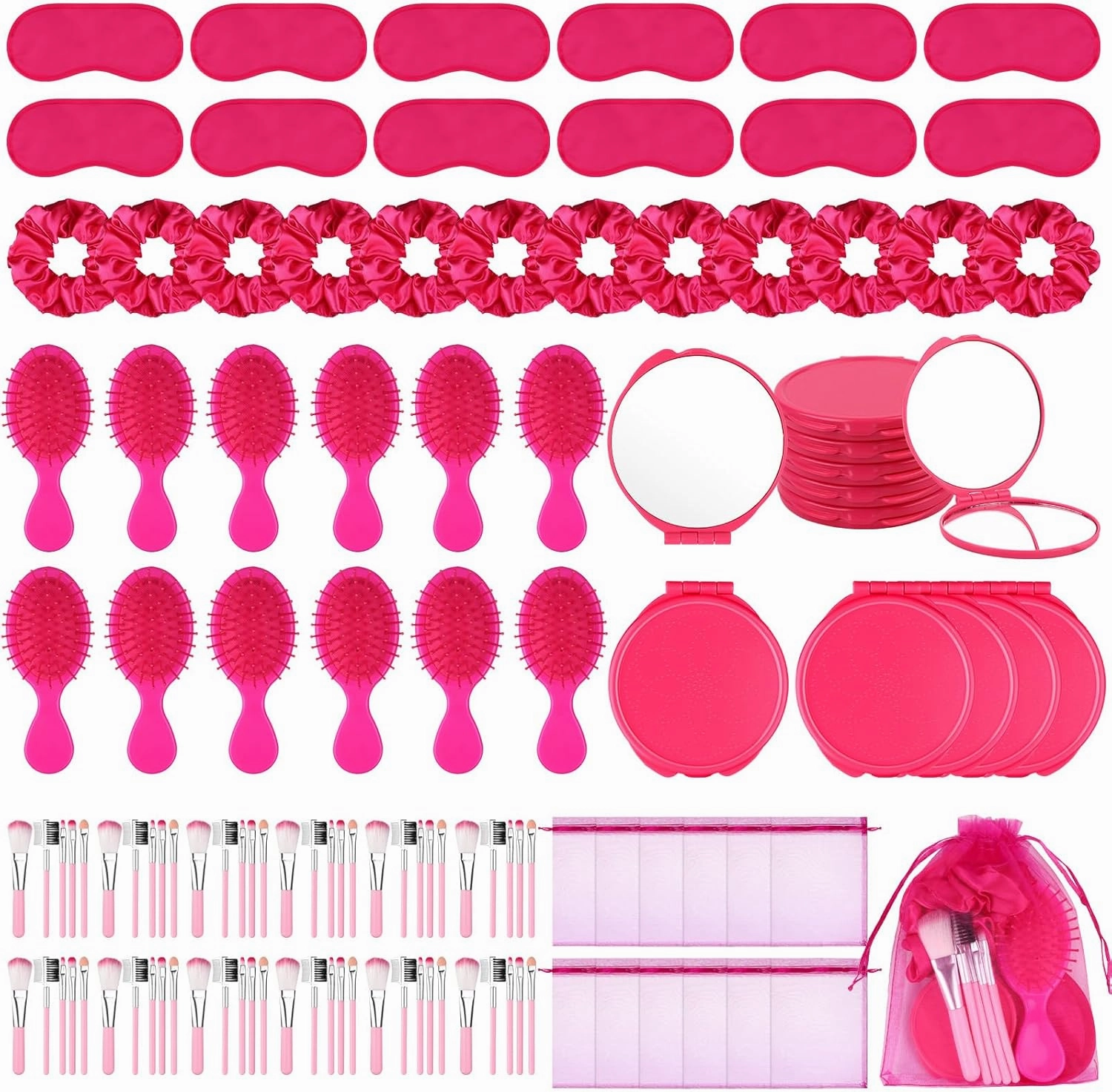 72 PCS Pink Girl Party Favors Kids Makeup Party Supplies Includes Pink Hair Brush Elastic Pink Scrunchies Foldable Cosmetic Mirror Makeup Brushes Eye Mask Organza Bags for Girls Women