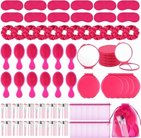 72 PCS Pink Girl Party Favors Kids Makeup Party Supplies Includes Pink Hair Brush Elastic Pink Scrunchies Foldable Cosmetic Mirror Makeup Brushes Eye Mask Organza Bags for Girls Women