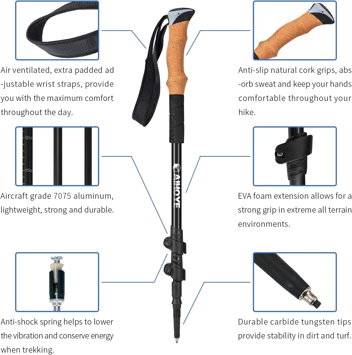 Aihoye Trekking and Walking Poles - 2 Pack Adjustable Collapsible Lightweight Sticks - Strong Aluminum7075, Quick Flip-Lock Mechanism and Comfortable Cork Grips
