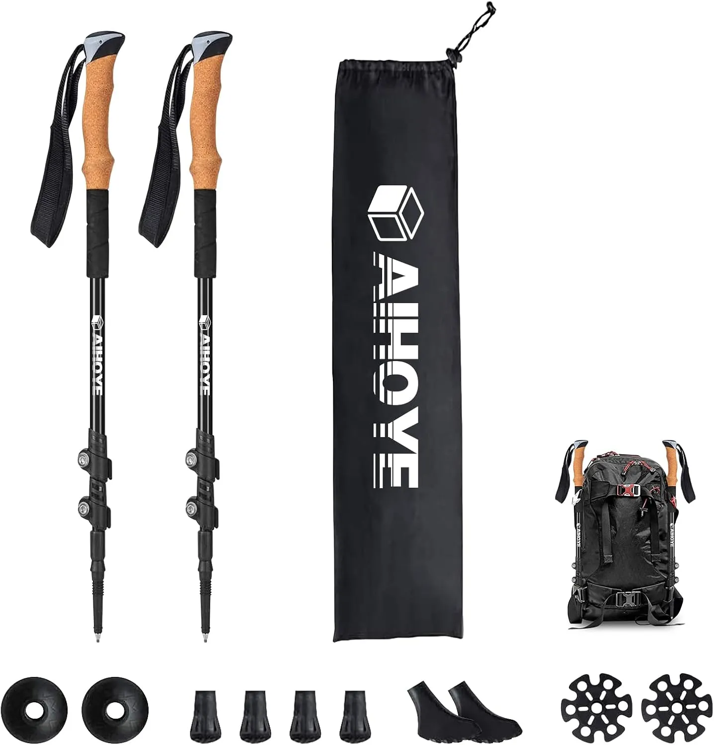 Aihoye Trekking and Walking Poles - 2 Pack Adjustable Collapsible Lightweight Sticks - Strong Aluminum7075, Quick Flip-Lock Mechanism and Comfortable Cork Grips