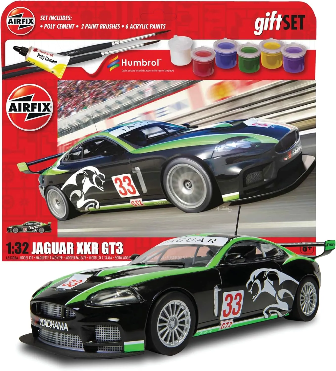 Airfix Gift Set Model Kit Car - A55306A Jaguar XKR GT3-1:32 Scale Plastic Model Car Kits, Model Cars to Build and Paint for Adults & Kids, Includes Paints - Mens Hobbies Kits, Skill Lvl. 2