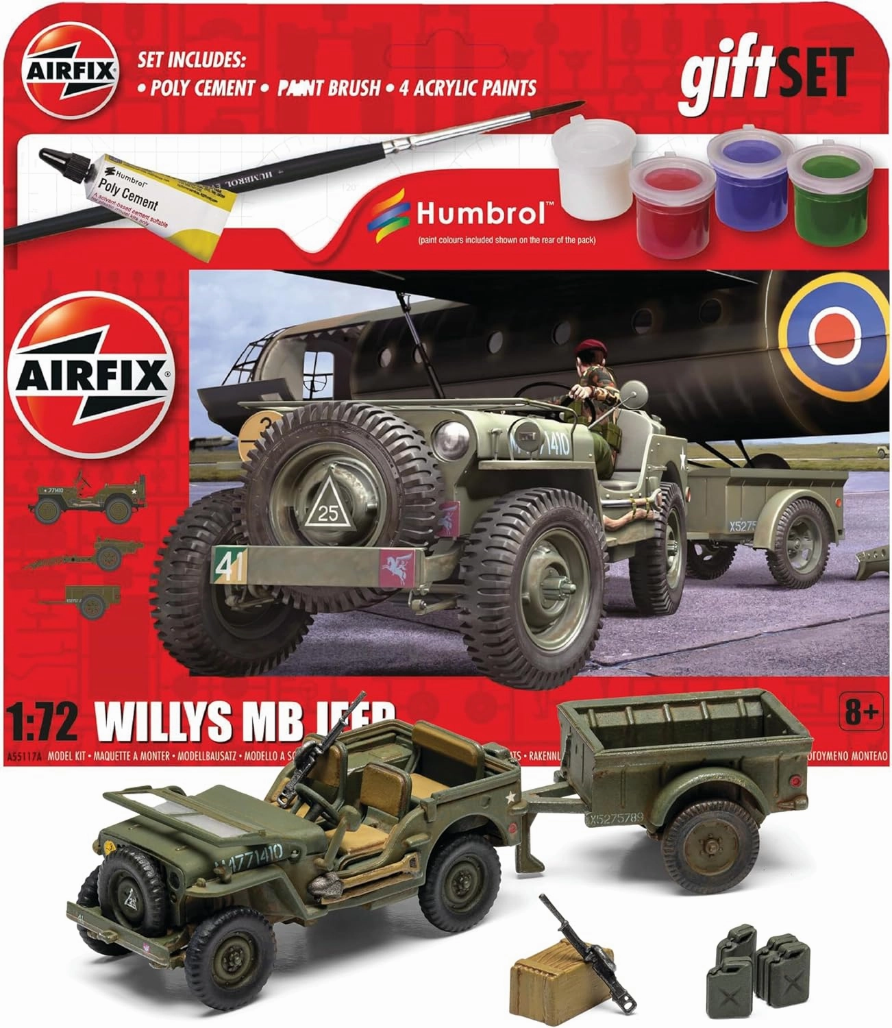 Airfix Model Tank - A55117A Hanging Gift Set - Willys MB Jeep, Plastic Model Kits for Adults & Kids 14 , 1:72 Scale, Skill Level 1, WW2 Theme Military Models, World War 2 Tanks