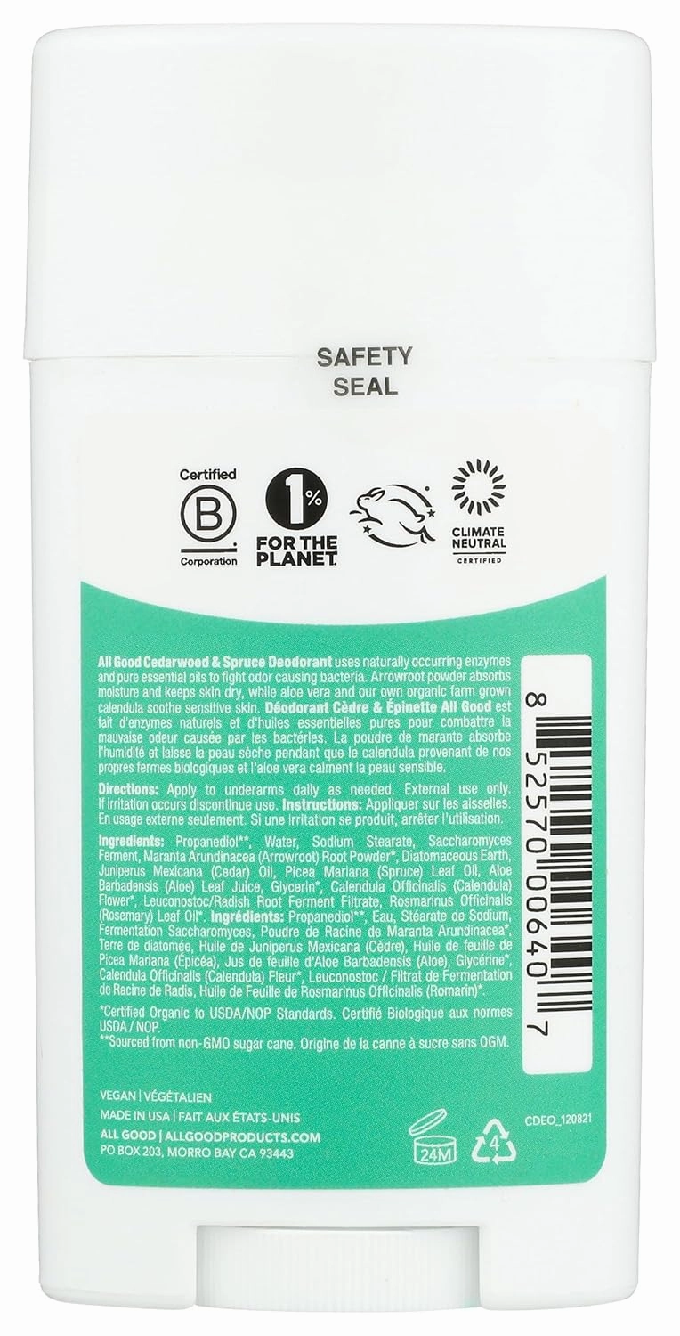 All Good Aluminum Free Deodorant Stick - Natural Deodorant w/Shea Butter & Aloe Vera, Bio-Active Formula, Vegan, Underarm Odor Protection for Men & Women (Cedarwood & Spruce)