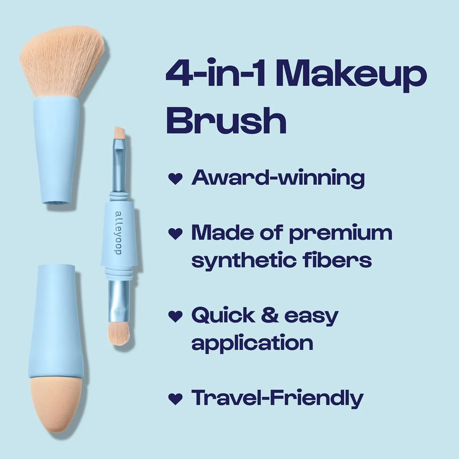 Alleyoop Multi-Tasker 4-in-1 Travel Makeup Brush Set – Compact Makeup Brushes with Blending Sponge, Eyeshadow, Eyebrow & Liner, Blush & Bronzer Brush – Mini Makeup Tools Kit for Women, Vegan