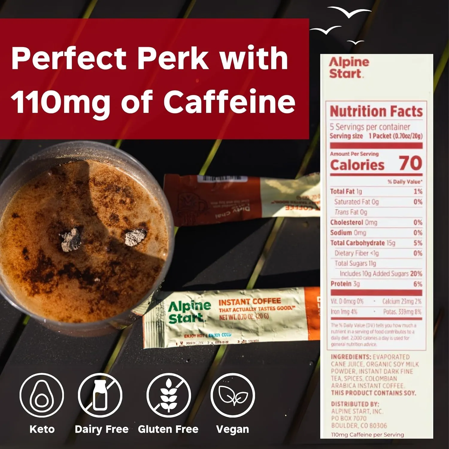 Alpine Start Instant Dirty Chai Latte Powder Mix - Individual Coffee Packets Blended with Black Tea, Organic Soy Milk and Traditional Chai Spices - Vegan and Dairy Free (0.70 OZ) Total 15 Sticks