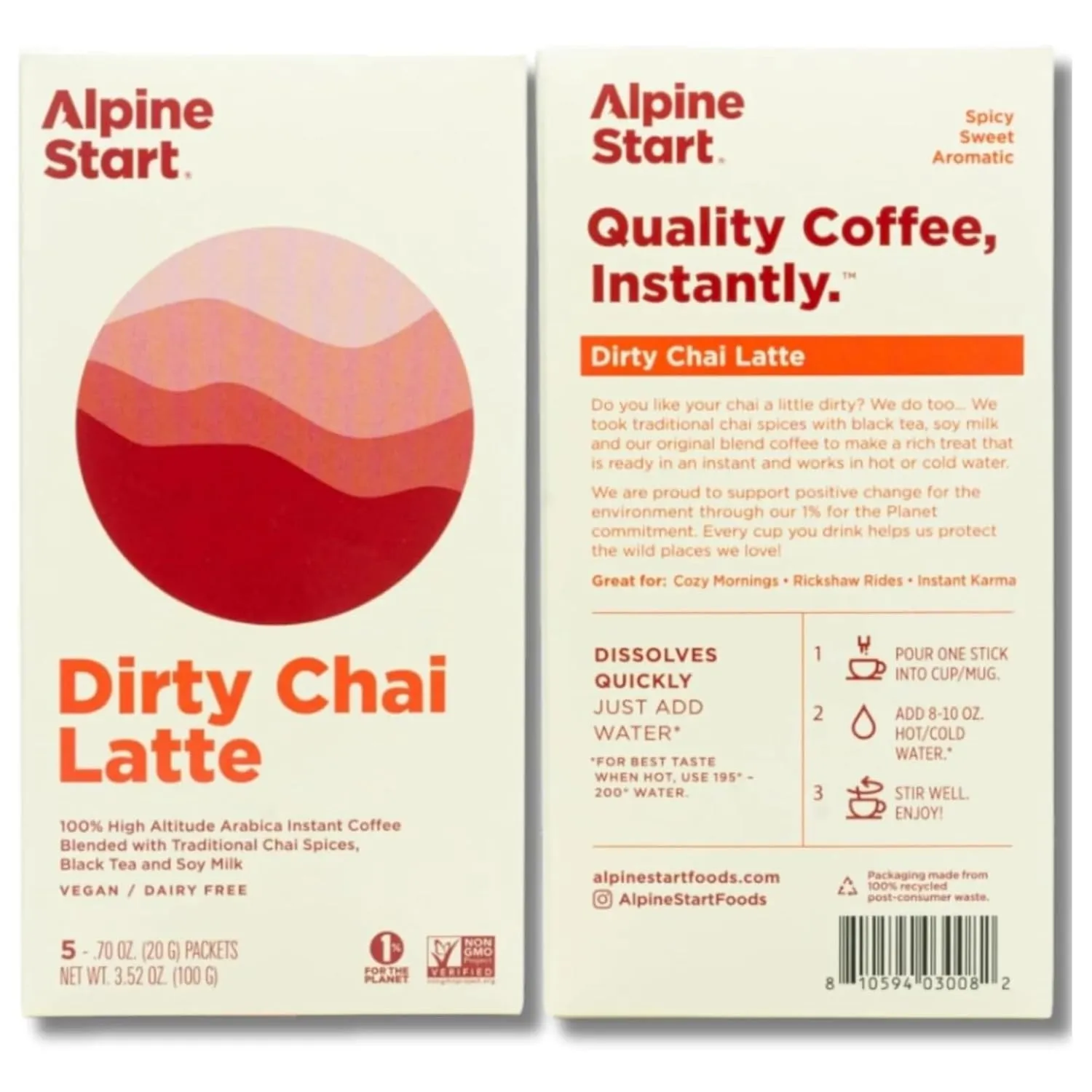 Alpine Start Instant Dirty Chai Latte Powder Mix - Individual Coffee Packets Blended with Black Tea, Organic Soy Milk and Traditional Chai Spices - Vegan and Dairy Free (0.70 OZ) Total 15 Sticks