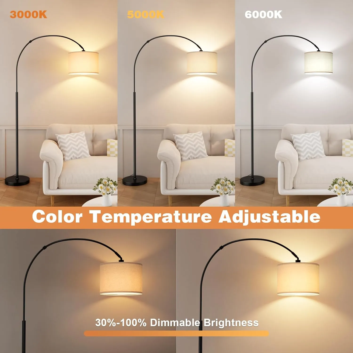 Ambimall 70" Dimmable Arc Floor Lamp with Remote, Color Temperature and Brightness Adjustable, Arched Floor Lamp with Rotating Head, Over Couch Arched Reading Light for Living Room (Beige and Black)